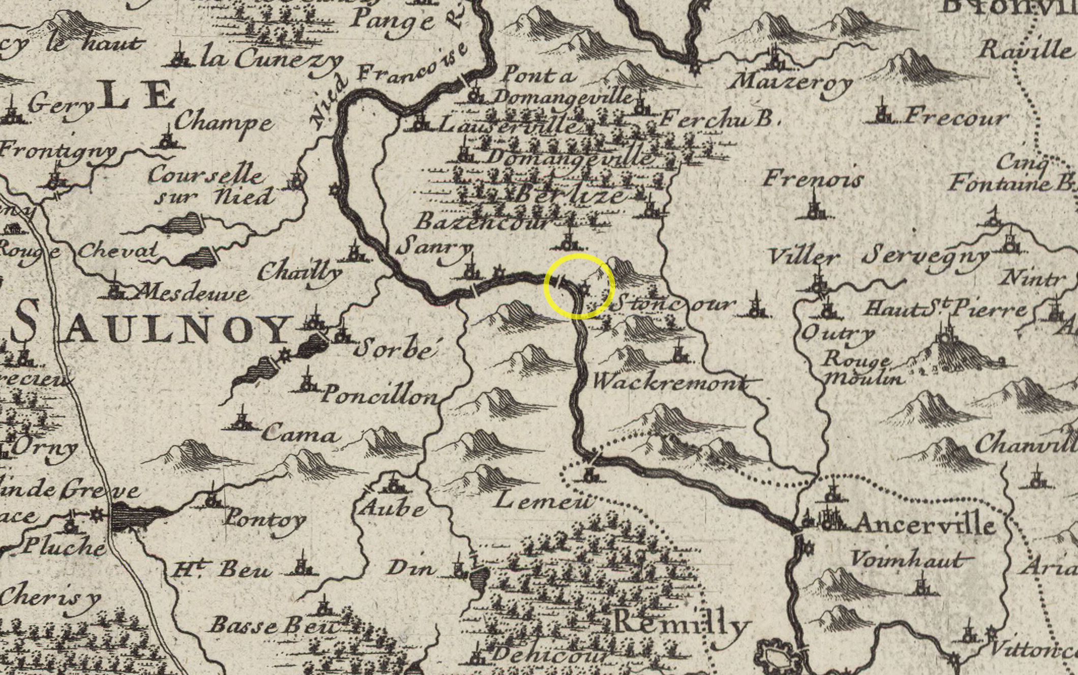 Carte de Gaspard Baillieul 1708 - Moulin de Bazoncourt