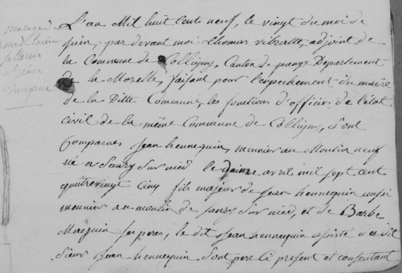 Extrait acte de mariage - Jean Hennequin et Marguerite Sallerin