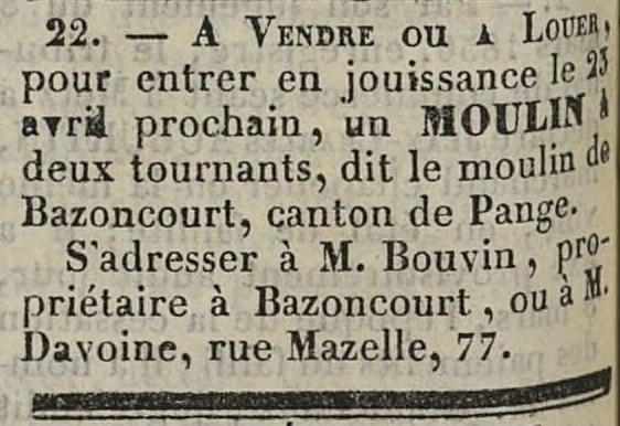 Moulin de Bazoncourt à vendre ou à loueri