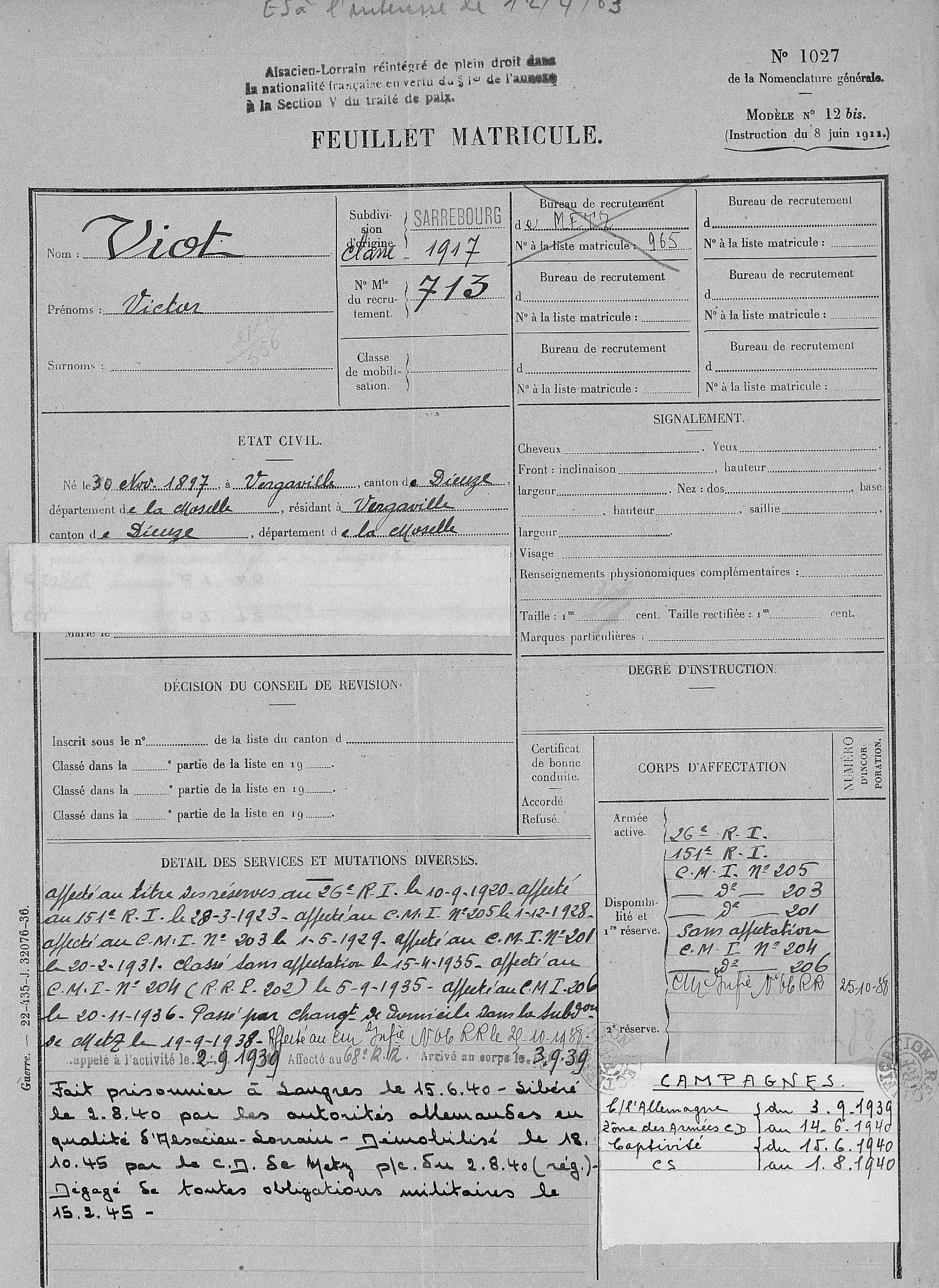 matricule militaire n°713 - Classe 1917