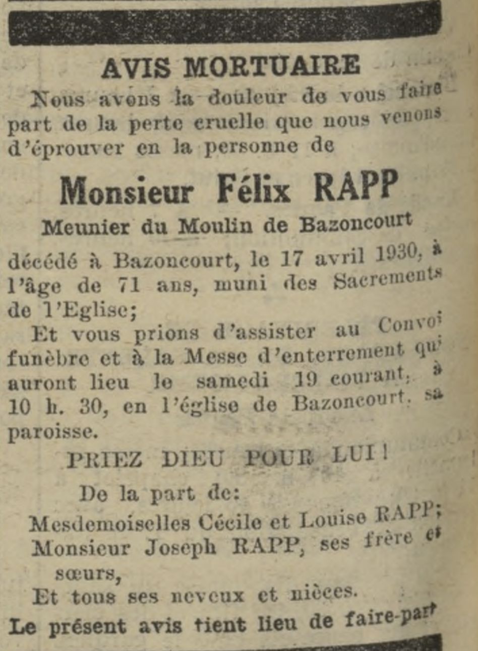 Avis de décès - Félix Rapp