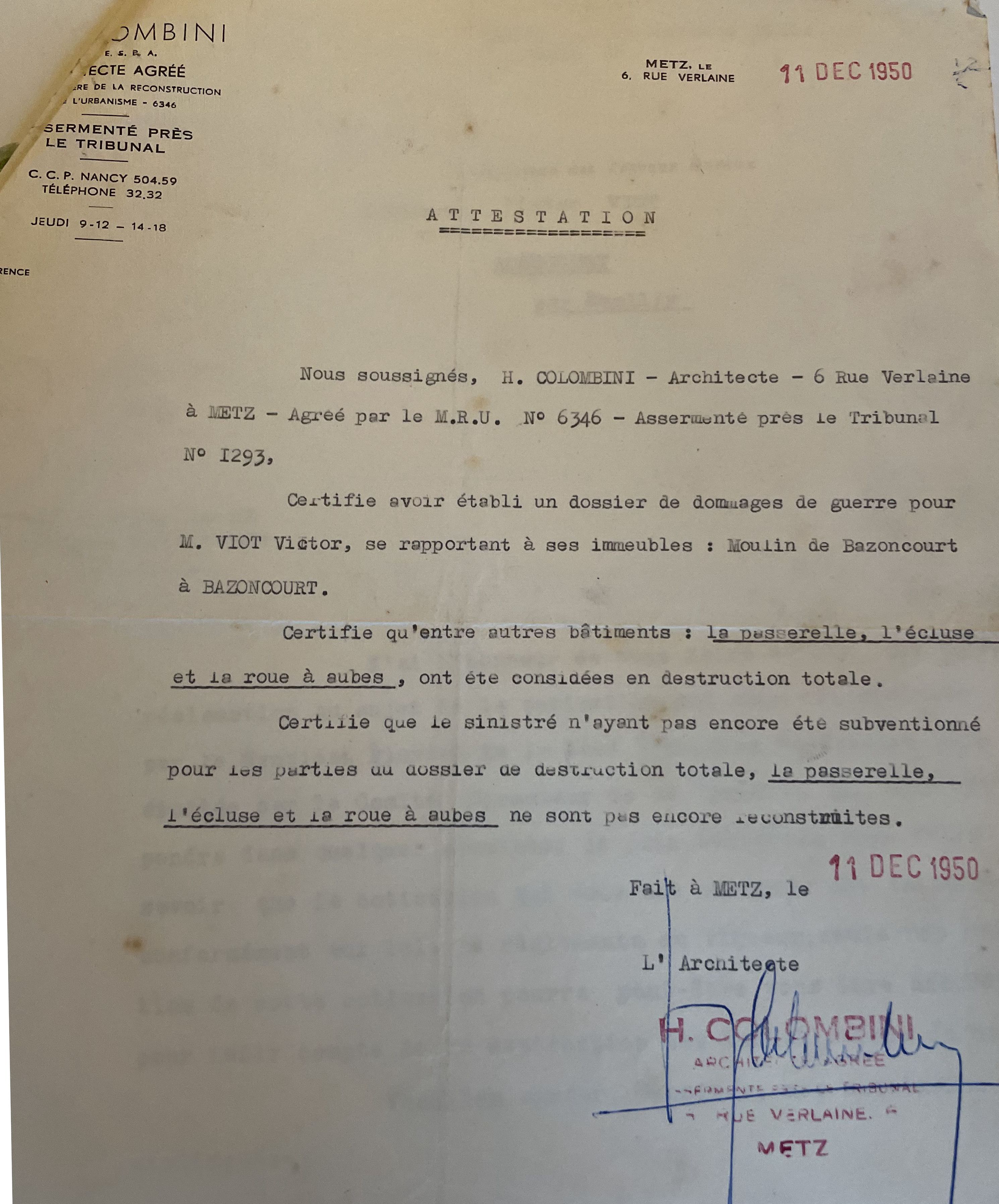 Attestation dommage de guerre